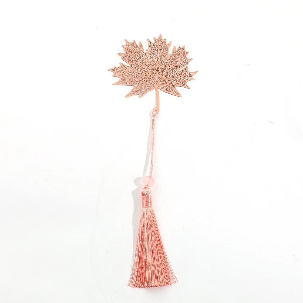 Pink Flower Metal Hollow Bookmarks With Tassel Pendant Apricot Leaf Lotus Rose Bookmark Gifts For Teachers Friends Book Lovers