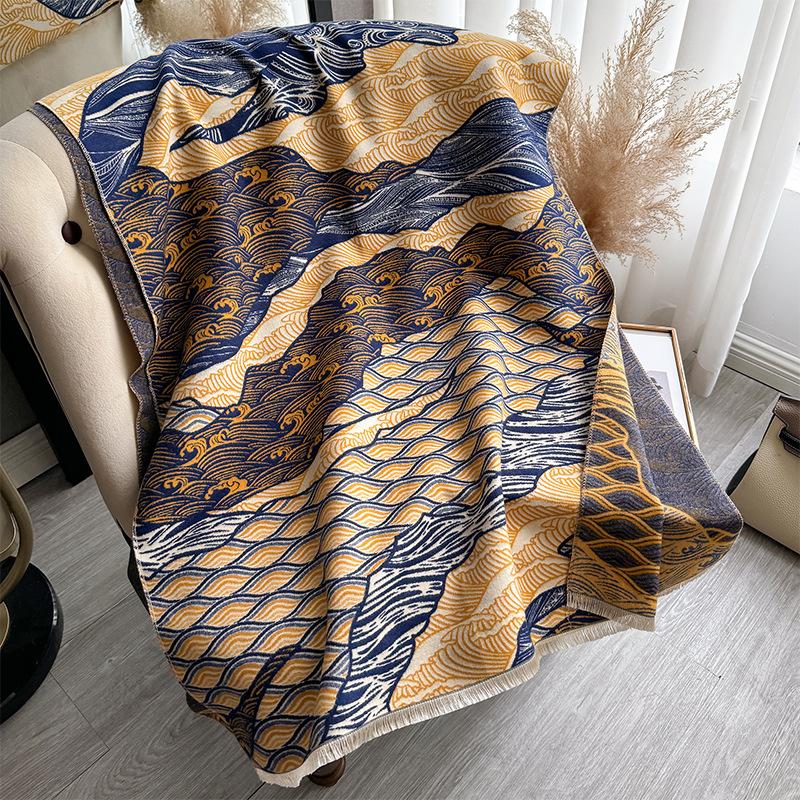Imitation cashmere scarf, Guochao wave lines, high-end sense, double-sided landscape painting, warm shawl