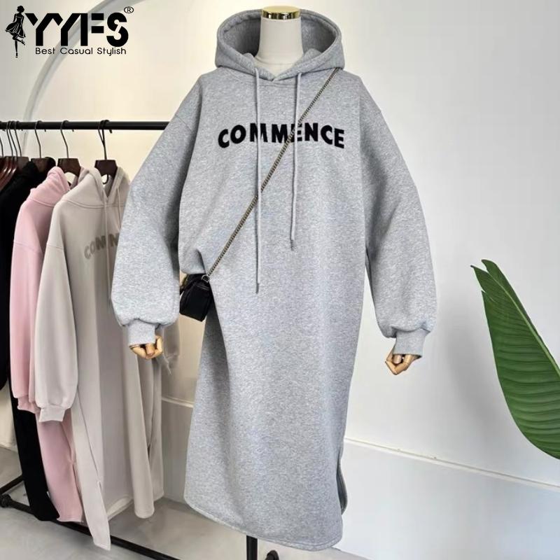 

YYFS Women s Fashion Fall Winter Long Sleeve Hooded Loose Waistline Casual Dresses Size: One Size чорний