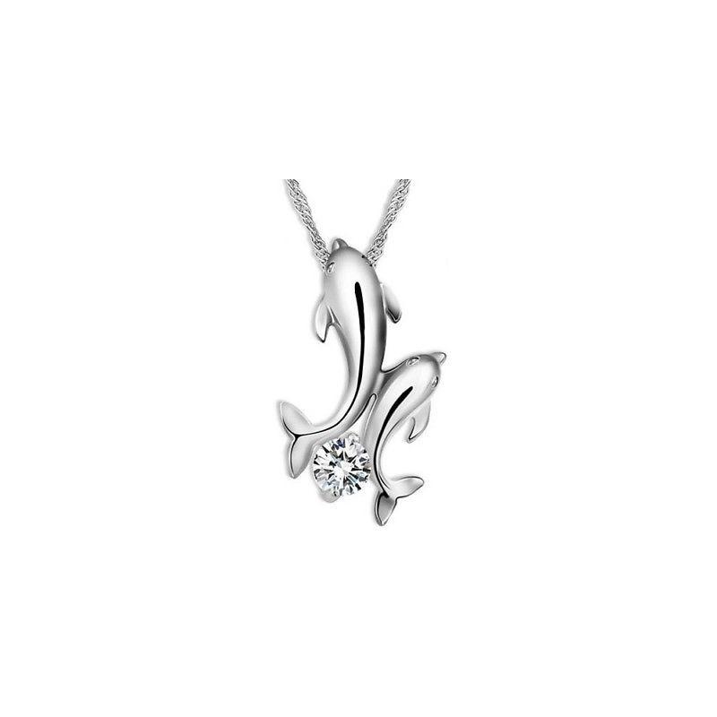 Элегантное колье-подвеска  Два дельфина  со сверкающими стразами и короткой цепочкой