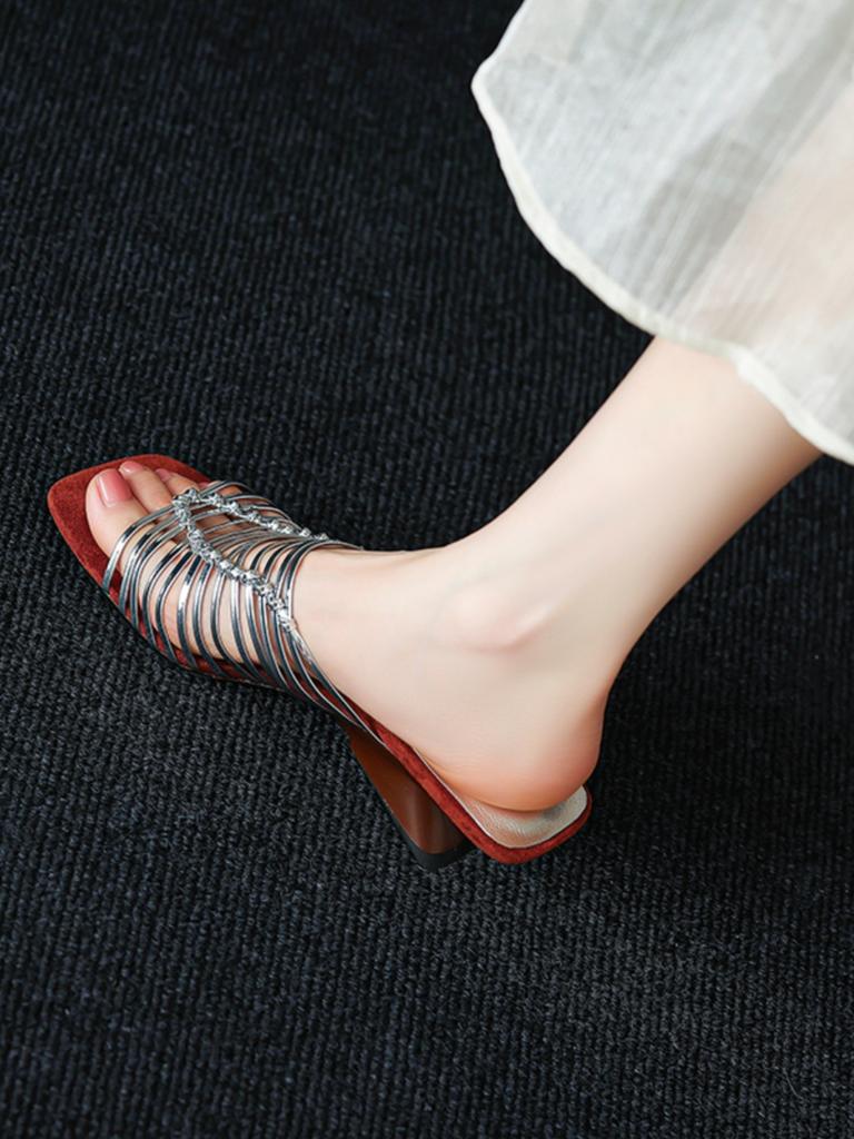 6Cm~ Special-shaped Heel French Retro Temperament Thin Band Wedge Heel High Heels Not Tired Feet Beautiful Roman Cool Slippers Women's Summer