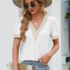 Casual Elegant Lace Shirts Fashion Summer Short Sleeve T-shirt Woman Tops Hollow V-neck Blouse Women Solid Color Blusas 25814