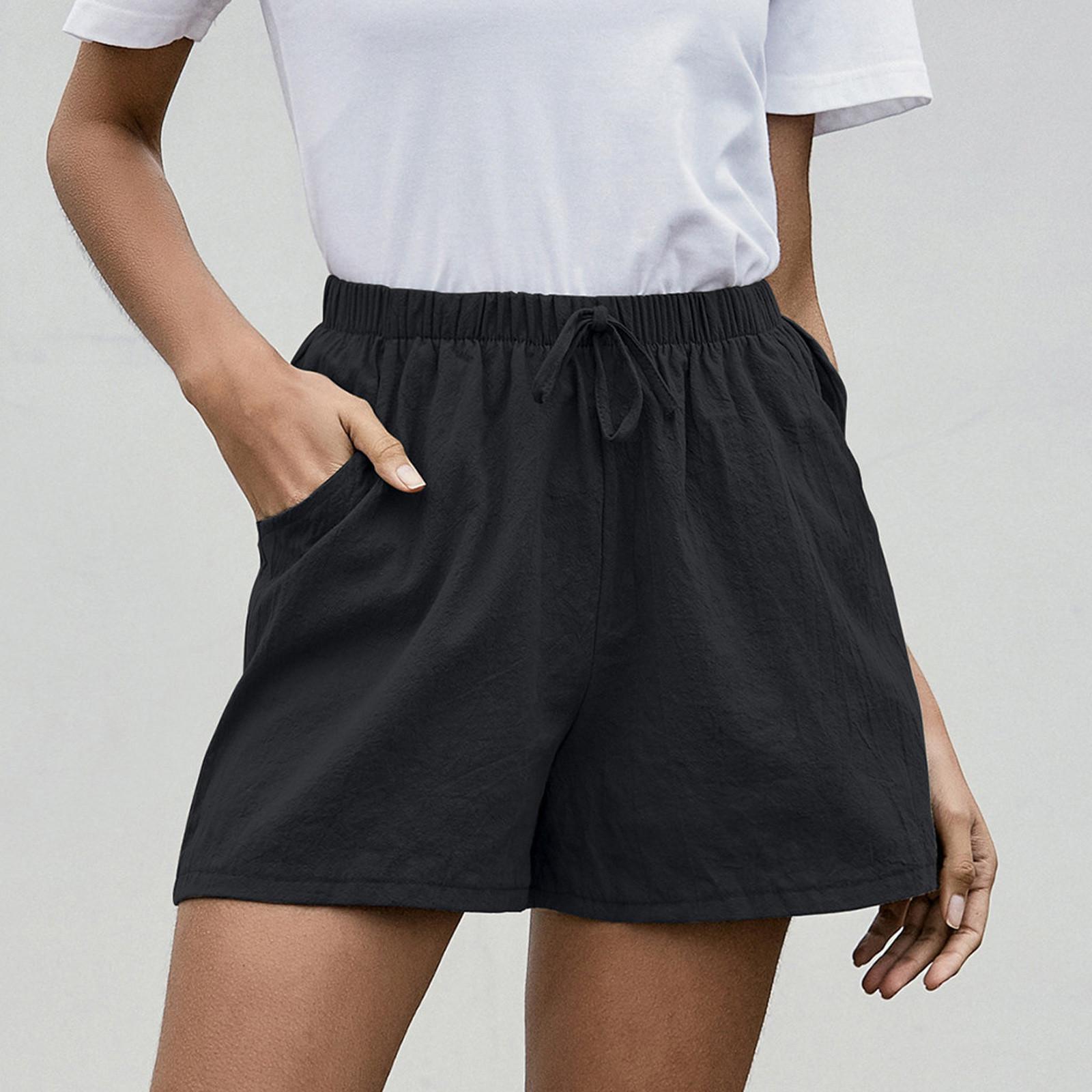 

Женские однотонные хлопковые и льняные шорты с высокой талией, повседневные пляжные шорты, брюки XXXL чёрный