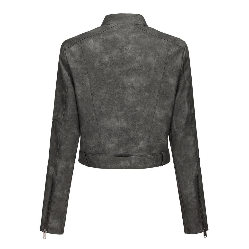 Kurtka ze skóry PU na jesień i zimę dla kobiet z kołnierzykiem z klapami i długim rękawem, dopasowana, zapinana na zamek błyskawiczny