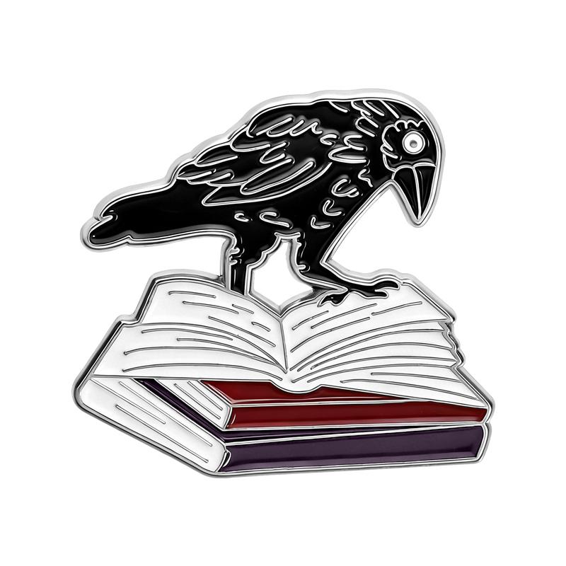 Vintage Gothic Raven Book Enamel Pins Dark Bookworm Brooches Lapel Badges Bookish Jewelry Gift for Reader Friends