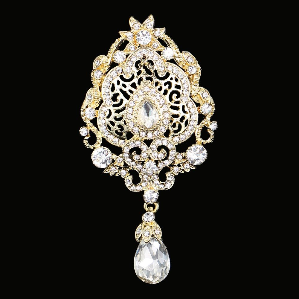 DIEZI Luxury Gold Silver Color Crystal Flower Bridal Brooches for Wedding Women Party Rhinestone Bouquet Water Drop Brooch Pins