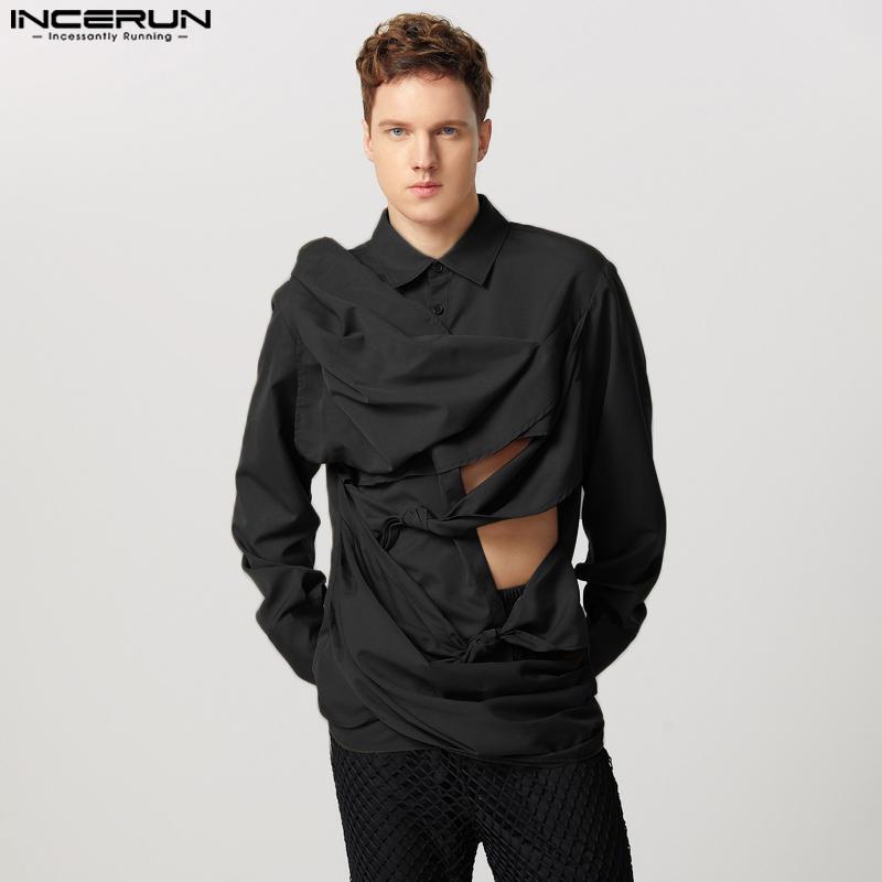 INCERUN Men Irregular Ruffled Shirts Front Cross Hollow Long Sleeve Tops