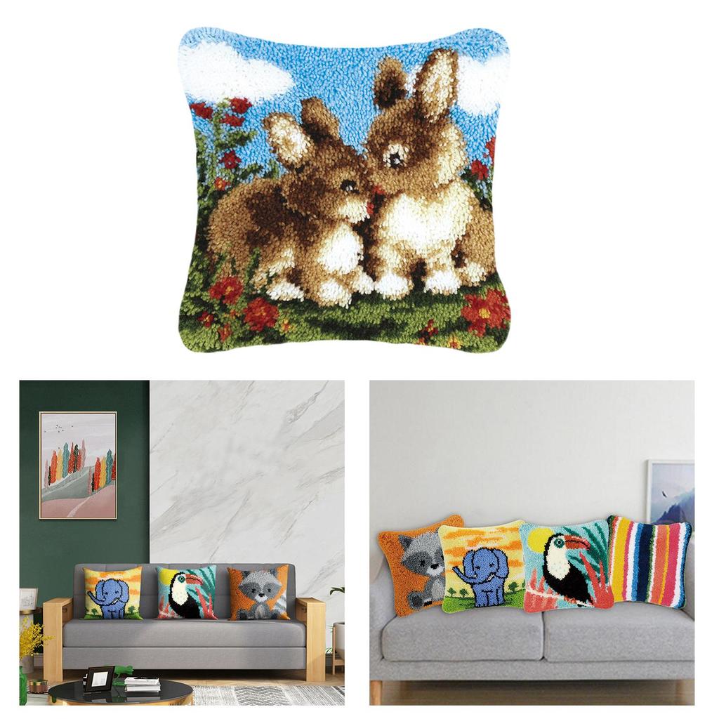 DIY Latch Hook Cushion Cover Set with Printed Canvas Rug Making Kit Needlepoint Craft for Home Decor