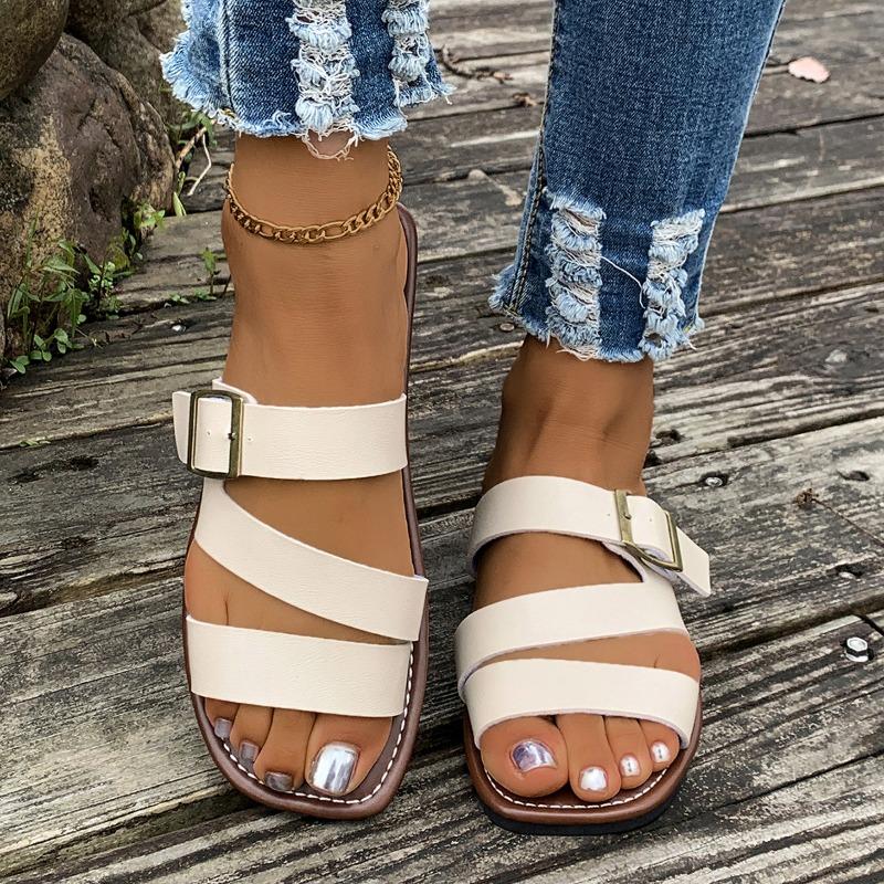 Women's Buckle Flat Slipper Peep Toe Retro Style Beach Sandal
