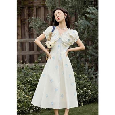 French Style Embroidered V-Neck Cotton Summer Dress