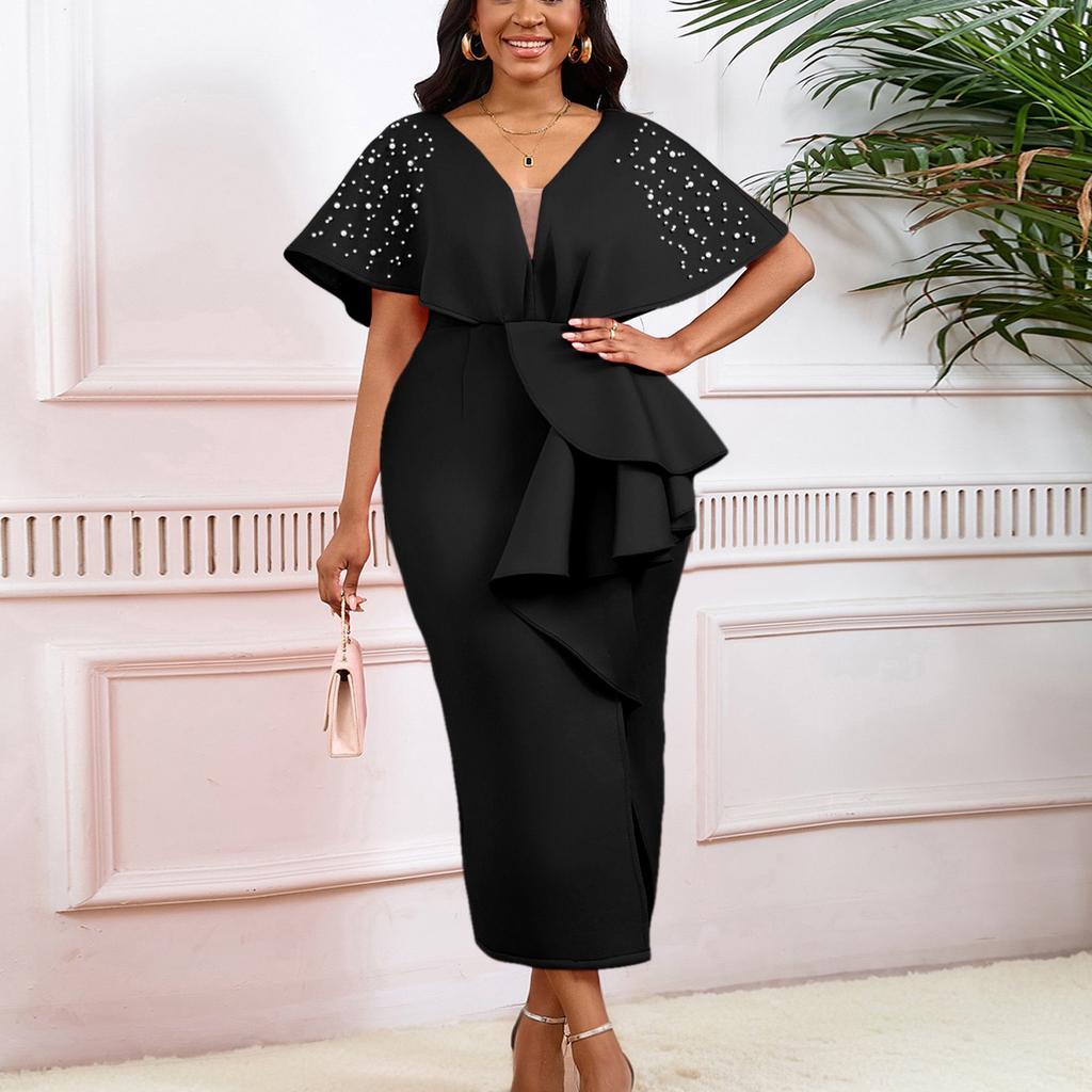 Elegant V Neck Dresses Women Summer Short Sleeve Ruffles Split Ankle Length Beaded Luxury Female Party Dress