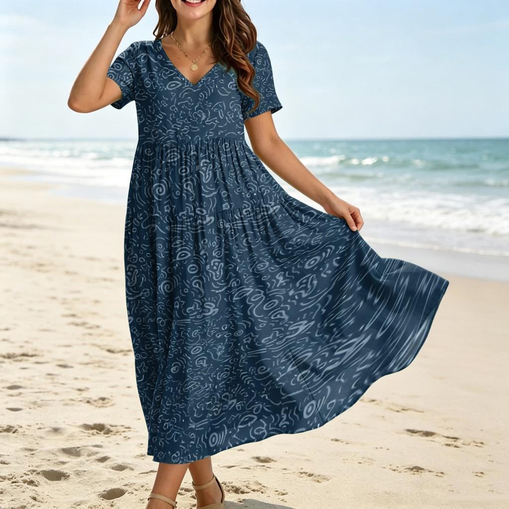 Frauen Casual Lose Bohemian Blumenkleid Kurzarm Lange Maxi Sommer Strand Swing Kleid