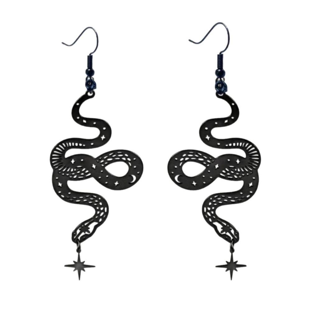 Retro Personality Black Stainless Steel Hollowed-out Pattern Snake Pendant Dangle Earrings for Women Street Hip-hop Jewelry Gift