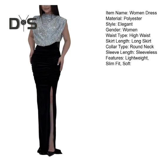 Women Glitter Dress Round Neck Sleeveless High Waist Lady Sequins Split Long Dress Evening Party Gown Dress