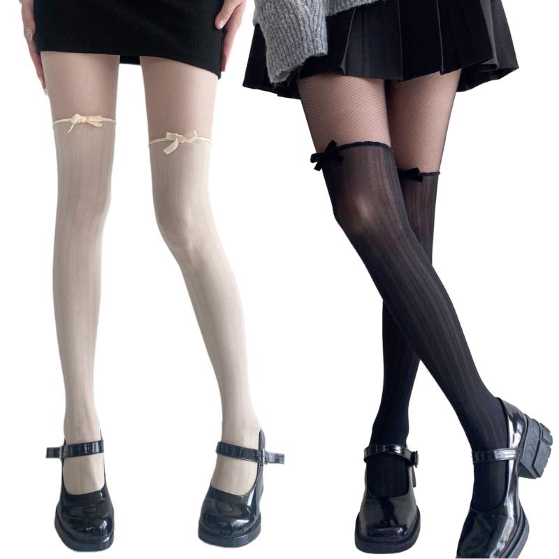 Women Contrast Sheer Mesh Splicing Pantyhose Fake Thigh High Stockings Elegant Ruffle Trim Bowknot Silk Tights Leggings