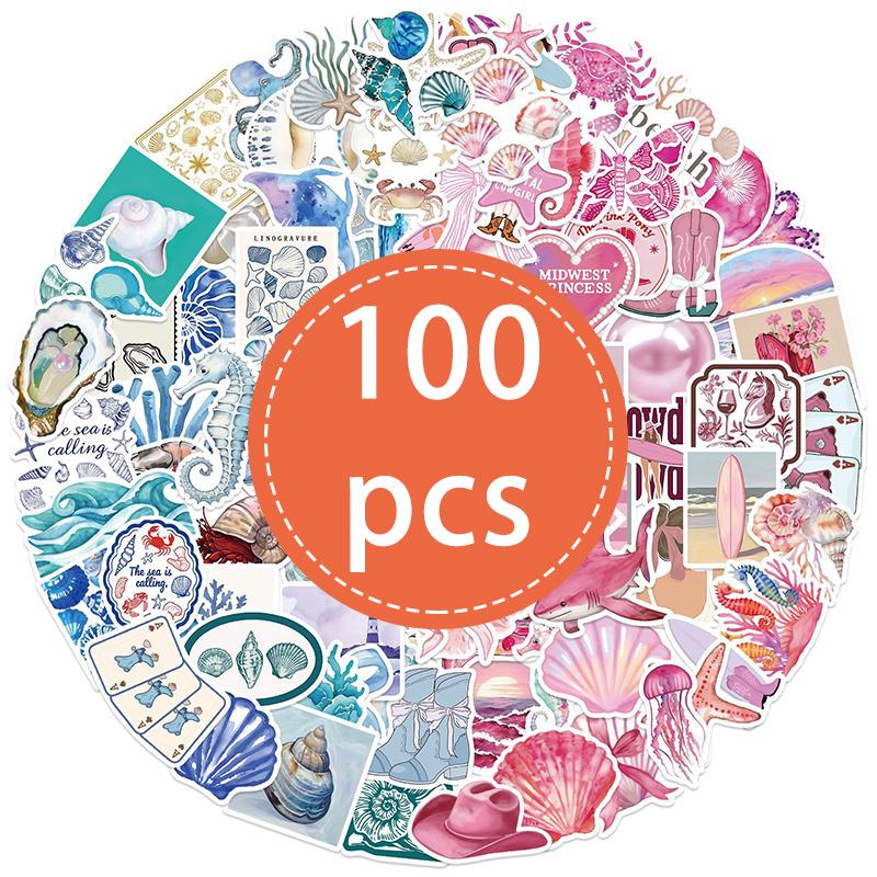 100PCS Ocean Stickers Cute Sea Creature Aesthetic Decals Blue Pink Vinyl Waterproof Stickers Water Bottles Laptops Scrapbooking