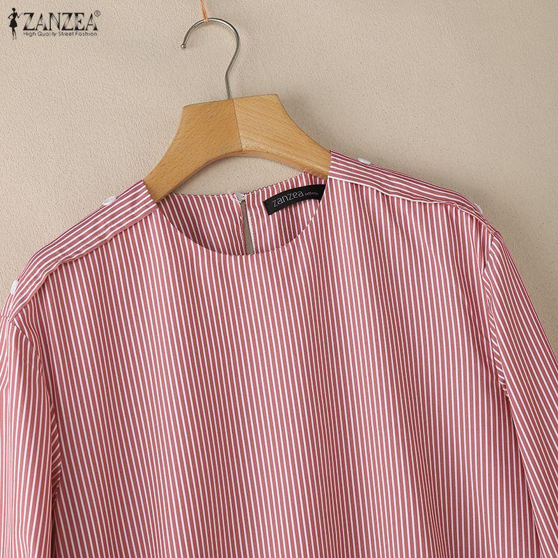 ZANZEA Women Casual Round Neck Loose Long Sleeve Stripe Blouse