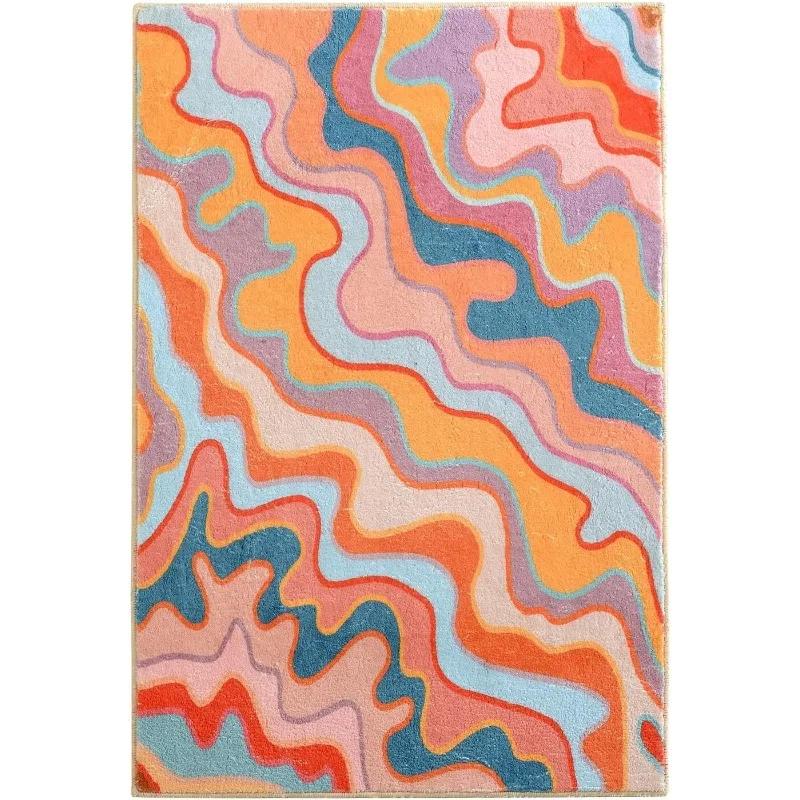 Retro Abstrakt Teppich Ästhetische Farbe Gestreifte Geometrie Rutschfest Badezimmer Küche Eingangsbereich Imitat Kaschmir Teppich