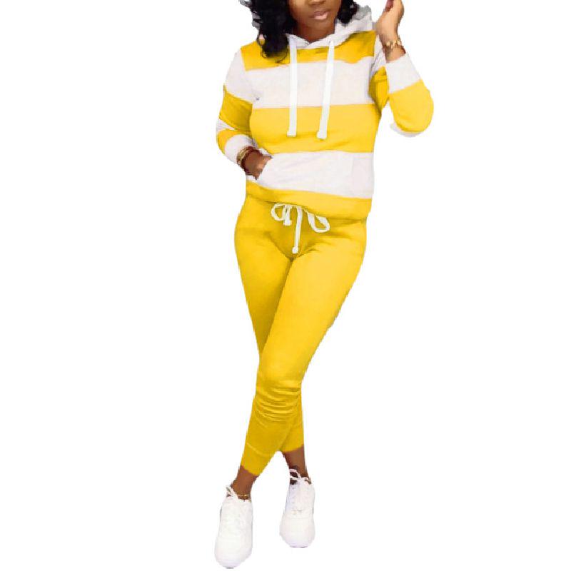 

2pcs Striped Women Tracksuit Jogging Gym Sports Hoodies Sweatshirt Pants Suit Yellow,2XL