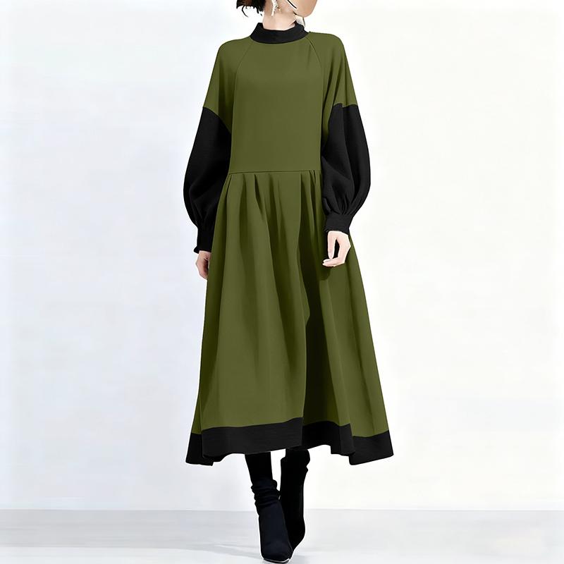 ZANZEA Women Casual Stand Collar Loose Long Sleeve Patchwork Long Dress