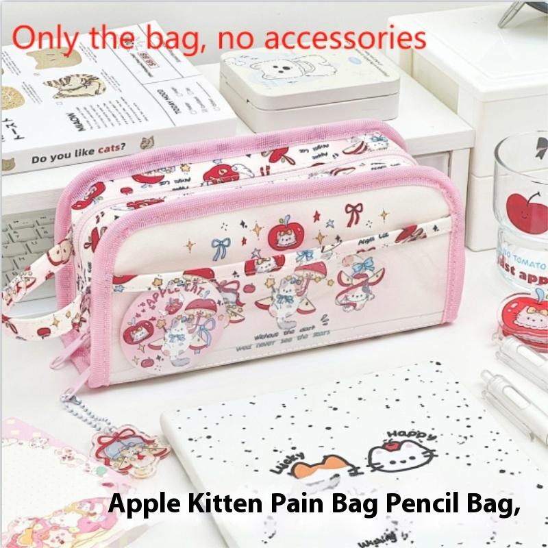 Pink Apple Cat Kitten Pain Bag Large Capacity Multi-Layer Pencil Case Student Stationery Girl Portable Cosmetic Storage Bag Gift