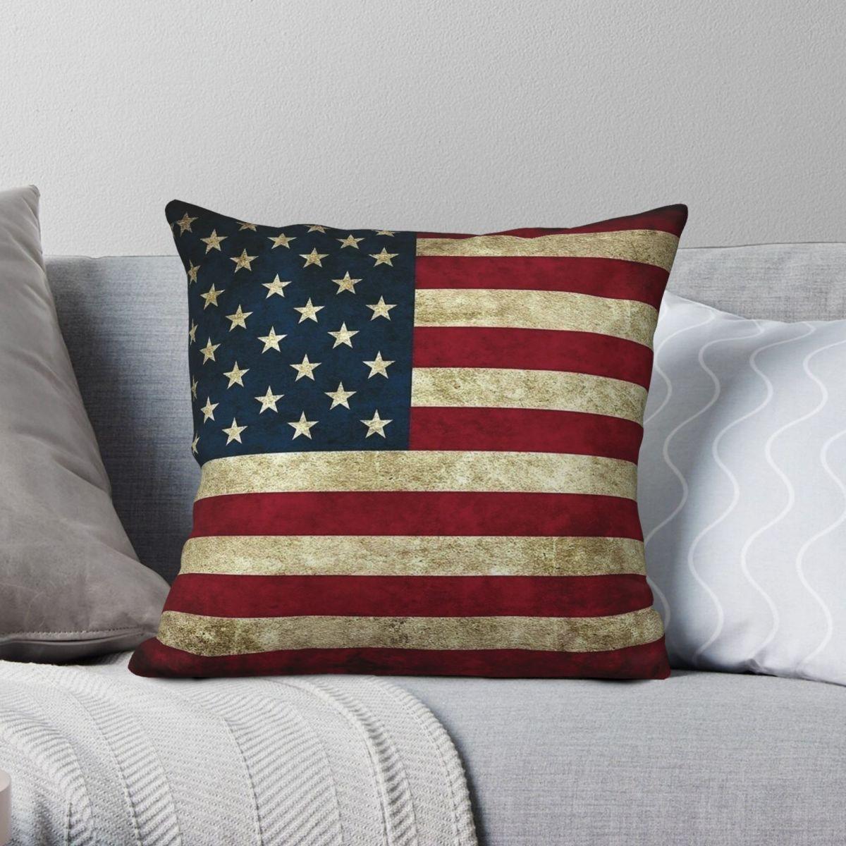 Lu Xika Chen Unisex Us Flag Vintage Square Pillowcase Polyester Linen Velvet Printed Zip Decorative Bed Cushion Case 45X45