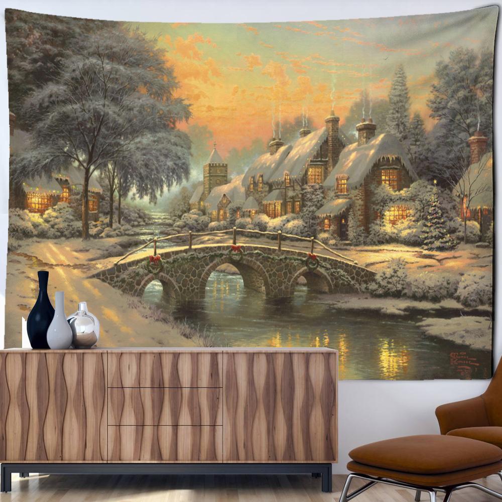 Christmas City Oil Painting Tapestry Wall Hanging Bohemian Hippie Tapez Christmas Festival Art Bedroom Living Room Home Decor