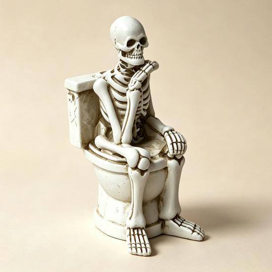 Miniature Skeleton Figure On Toilet Figurine, Funny Gothic Bathroom Statue, Spooky Unique Party Props Halloween Resin Ornament for Home Office