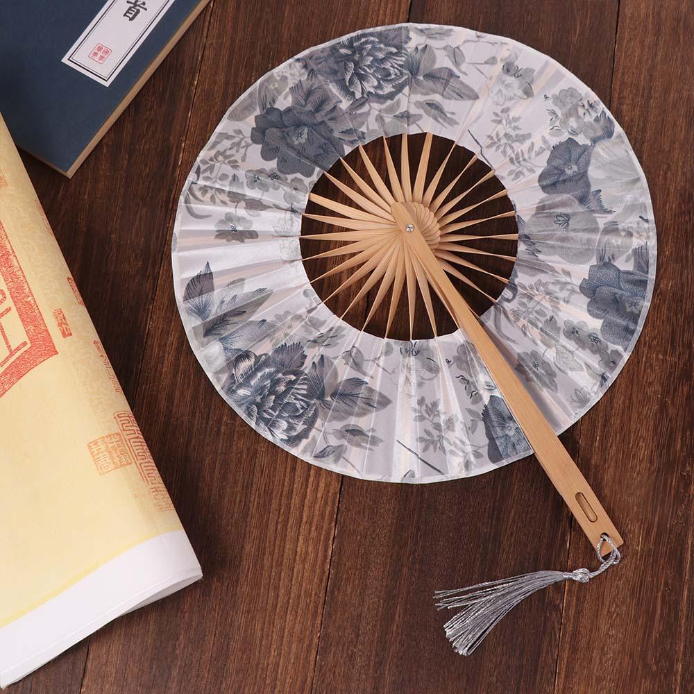 Home Decor Round Folding Hand Fan Bamboo Handle Elegant Windmill Fan Classical Exquisite Hand Circular Fan Wedding Party Decor