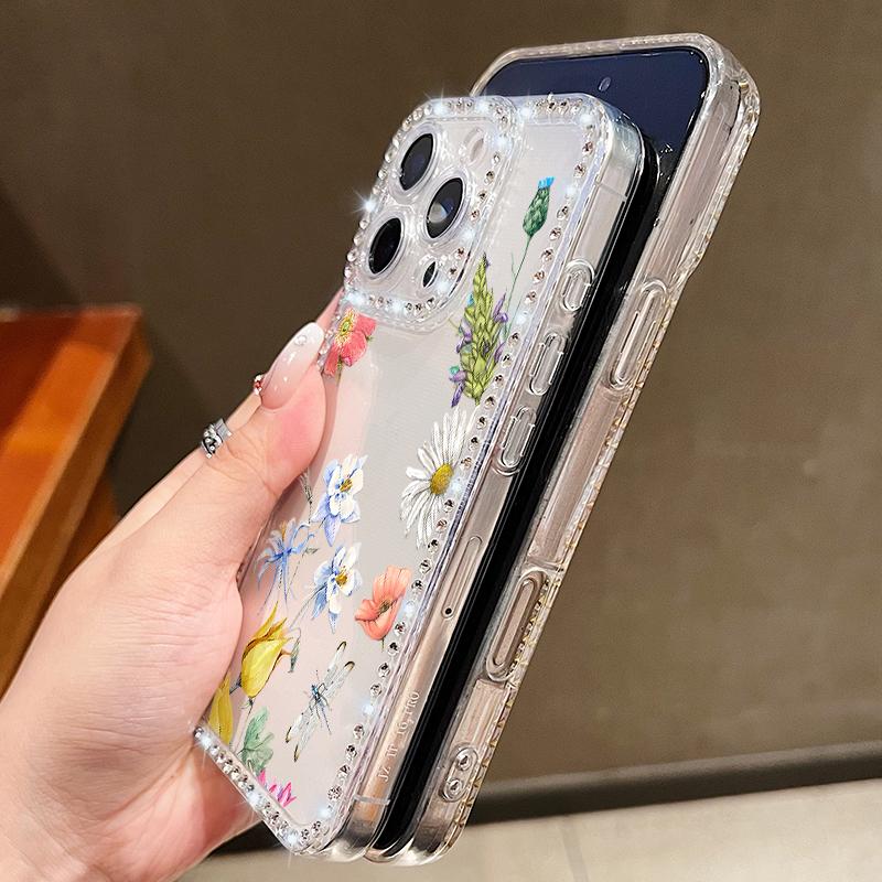 Luxury Floral Pattern Clear Shockproof Case For iPhone 16 Pro Max 16E 15 14 Pro 13 12 11 Diamond Frame Anti-Fall Soft Silicone Phone Cover