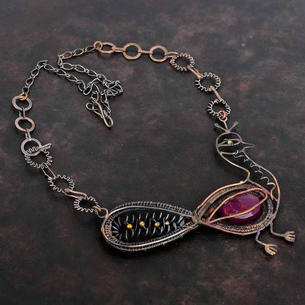 Faceted Kashmir Ruby Necklace Copper Wire Wrapped Adjustable Chain Necklace Copper Wire Jewelry Peacock Necklace Gemstone Necklace For Gifts