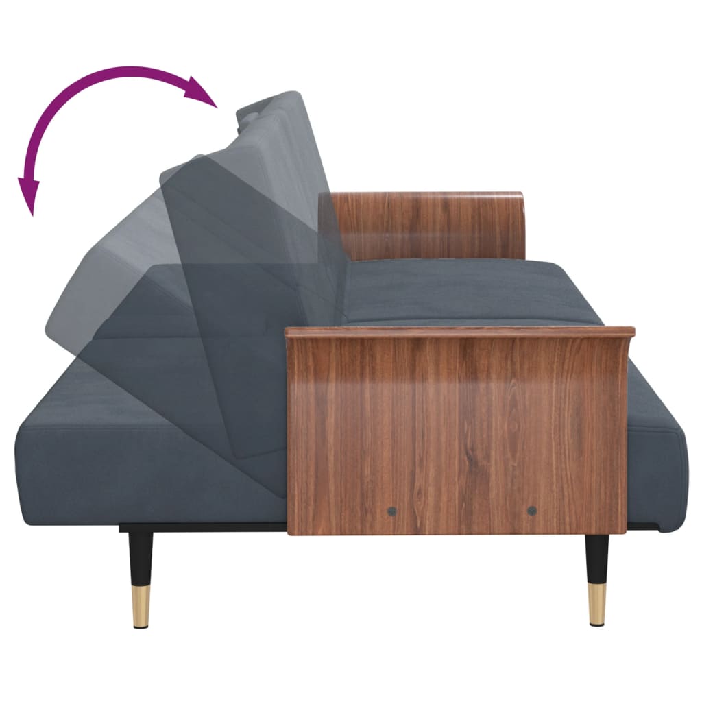 Dark Grey Velvet Sleeper Sofa with Drink Holders