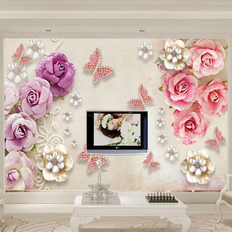 Papel de Parede 3d Estilo Europeu Retrô Joias Flor Borboleta Murais Sala de Estar TV Romântico 3d Afresco Decoração de Casa