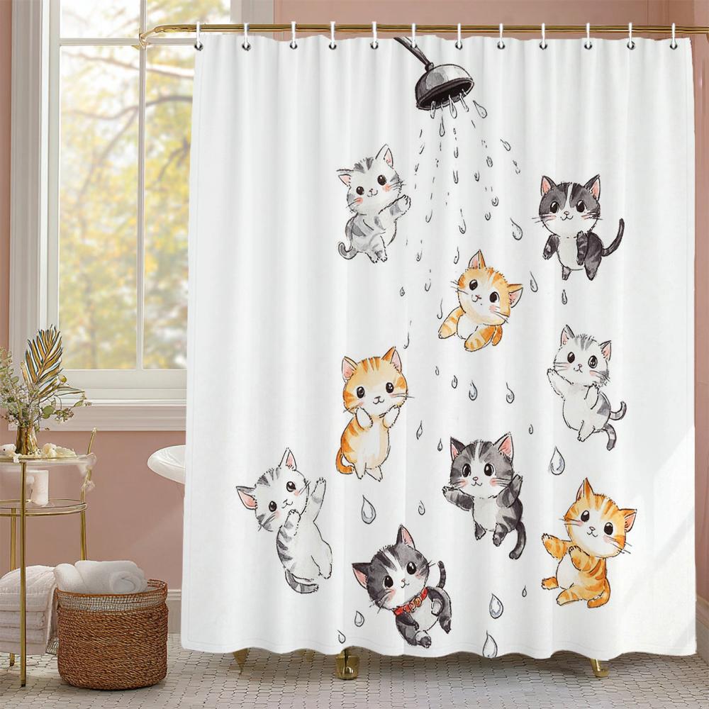 Cartoon Cute Bathing Cat Shower Curtain, Bathroom Decorative Shower Curtain, Home printed baby Shower Curtain with Hooks 90x180cm-35x70in