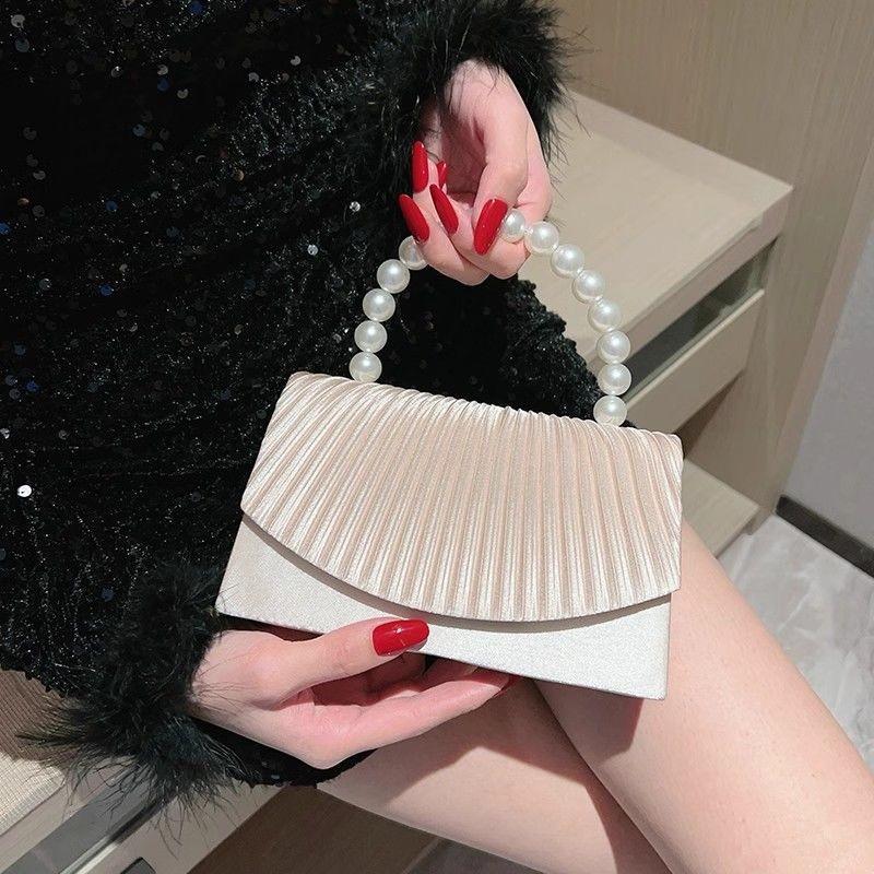 Beige Pleated Handbag Women Pearl Handle Flap Shoulder Bag Ladies Elegant Fashion Banquet Desiqner Luxury Crossbody Bag 2025 New