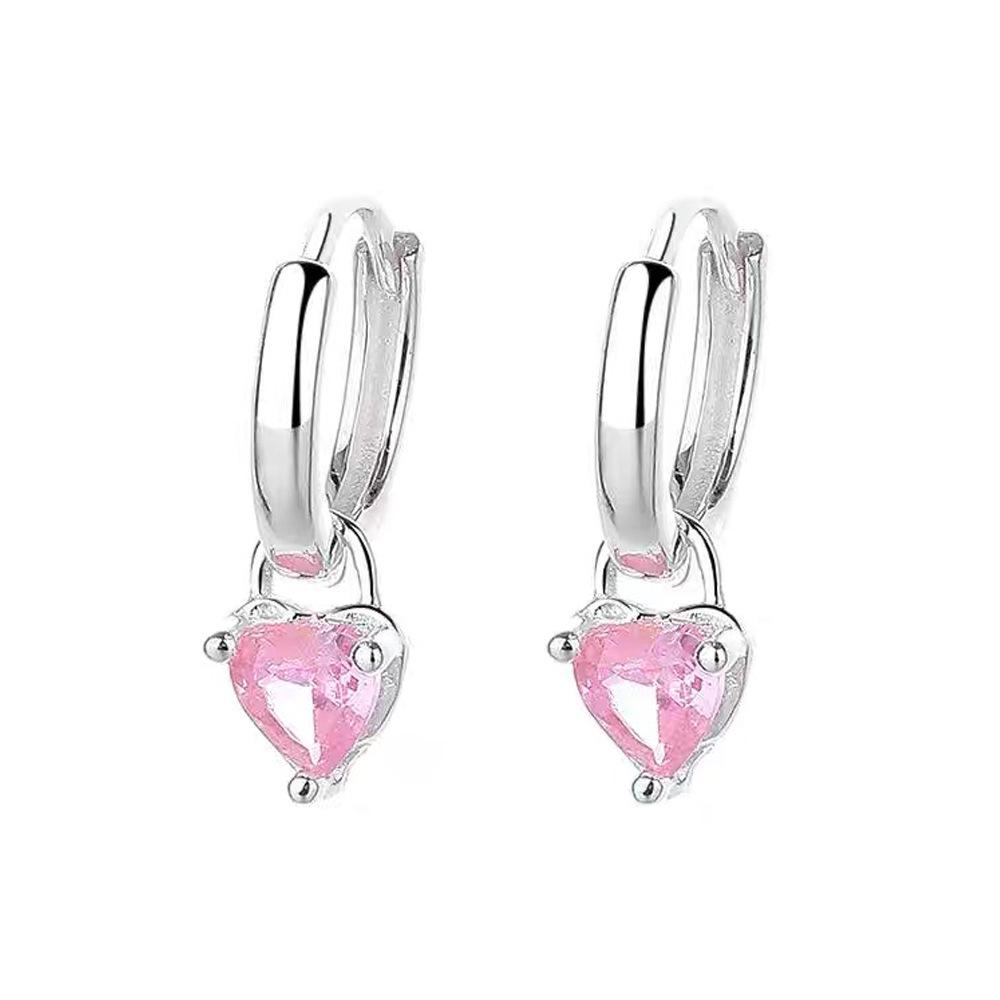 S999 Sterling Silver Pink Heart Zircon Pendant Earrings for Women - Simple Exquisite Design