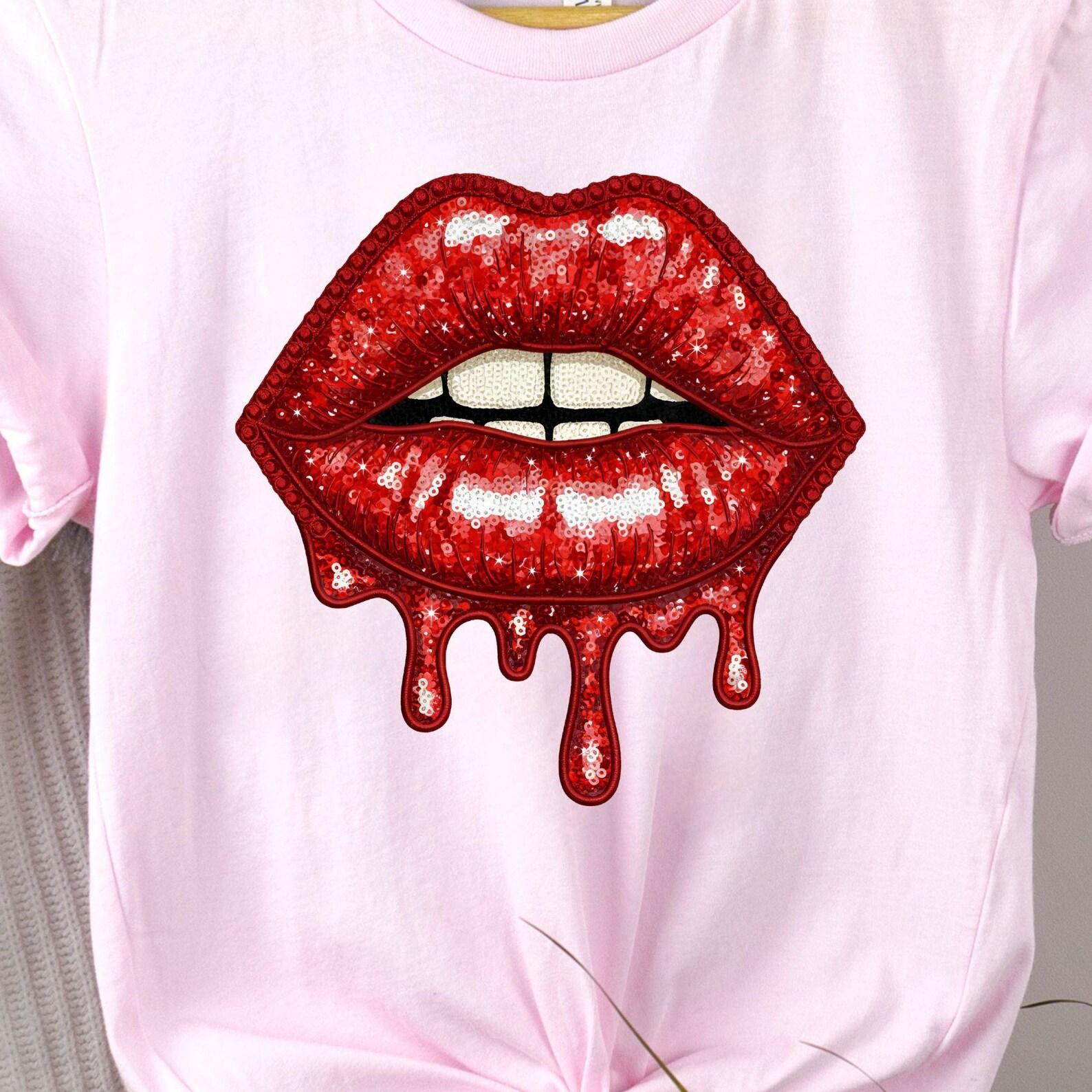 Dripping Red Lips Glam Lip Art T-Shirt | Faux Sequin Graphic, 10 colors S