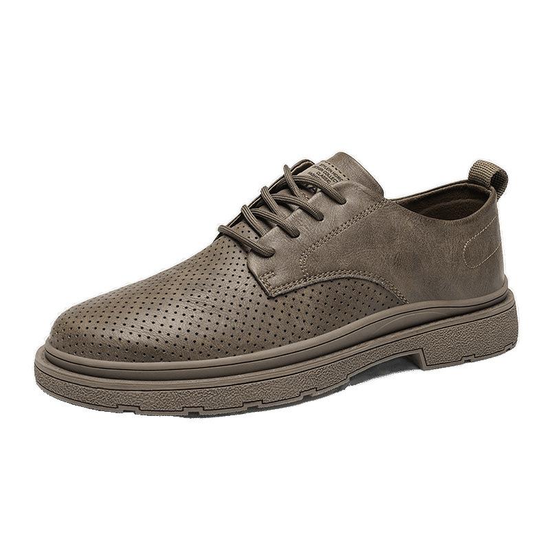 Summer New Leather Punching Breathable Casual Leather Shoes Daily Work Low-top Lace-up British Style Leather Shoes Men's Shoes