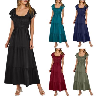 Damen Sommer Casual Kurzarm Quadratischer Ausschnitt Gesmokt Elastische Taille Stufen A-Linie Maxikleid mit Taschen
