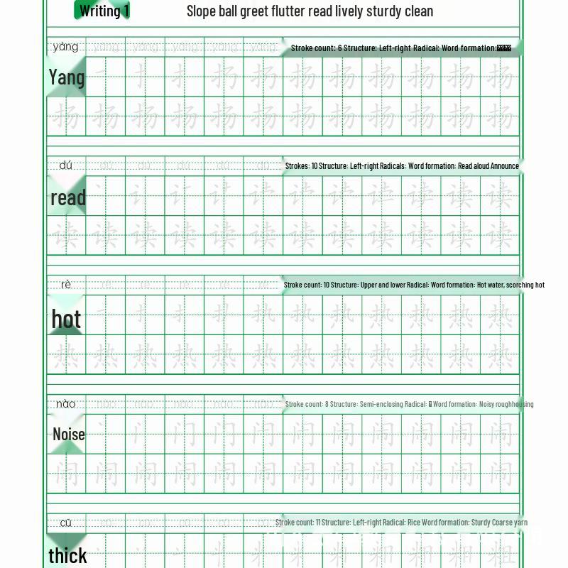 Chinese Character Practice Copybook for Grades 1-3: First & Second Semester Tracing Workbook