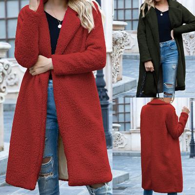 Women's  And Winter Loose Solid Color Stitching Long-sleeved Lapel Lambskin Extended Version Warm Cardigan Coat