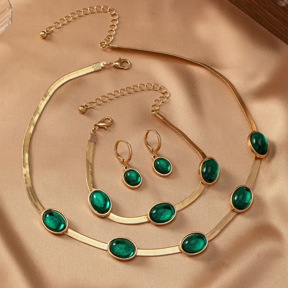 4Pcs Bracelet Green Rhinestone Jewelry Set Choker Crystal Jewelry Suit Necklace Earrings Set  Women