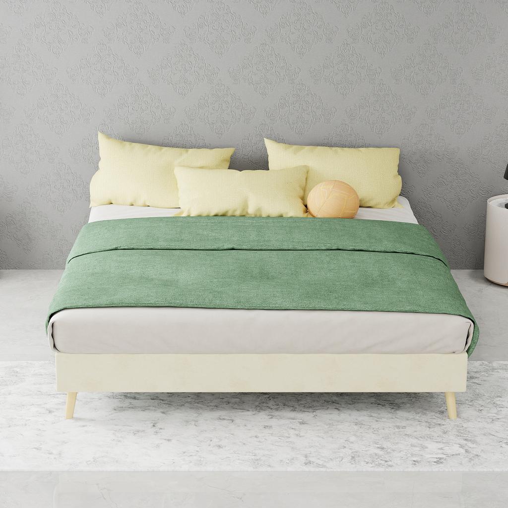 Modern Minimalist Bed Frame, 140x200 cm, Beige, Dutch Velvet Fabric, Low-Profile Base. Excludes Gas Lift Mechanism, Headboard, and Mattress.