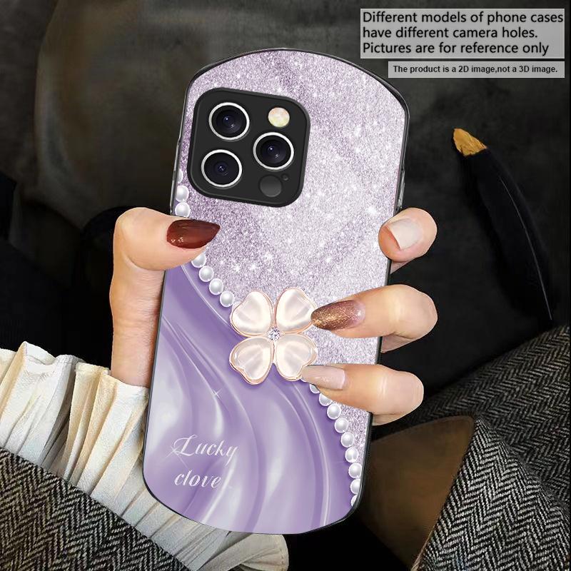 Pink Four-leaf Clovers For iPhone 17 16 15 14 Pro 13 Plus 12 Mini 11 Pro Max XR X S 7 8 6 Elliptical Tempered Glass Phone Case