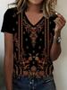 Retro Ethnic Style Exotic Flower Totem Print Black V-neck Short Sleeved T-shirt for Women's Daily Outings, Leisure Commuting, Dating, Versatile Top