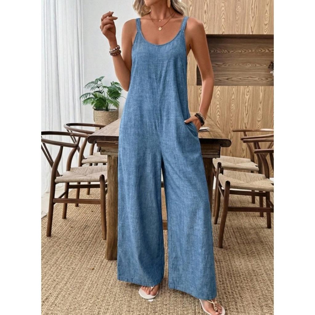 Nuovo Jumpsuit Cami Donna Estivo Monocolore Largo, Stile Vacanza Casual Tendenza Europea Americana per Outfit Crossbody