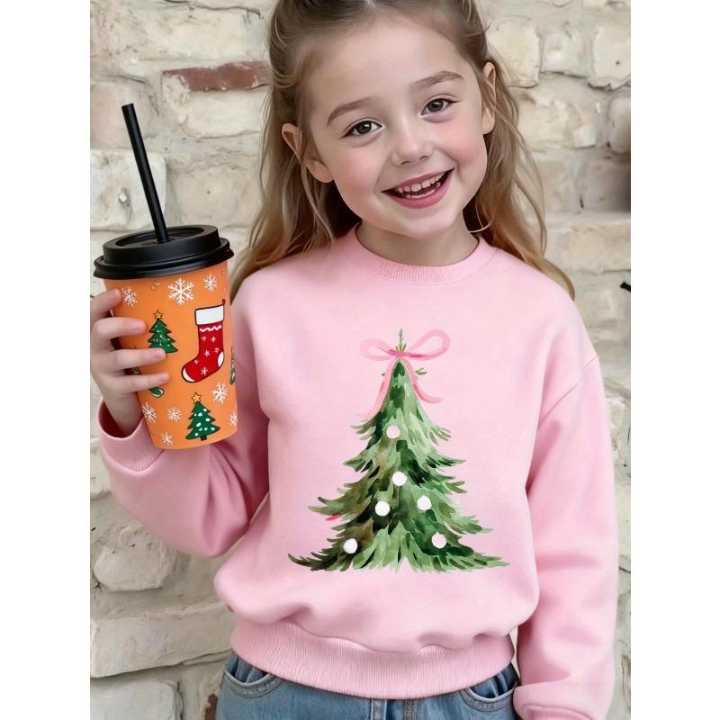 Kids Black Crewneck Sweatshirt, Christmas Tree Print With Pink Bow, Casual Pullover