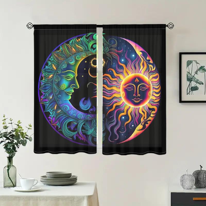 2 Pieces, Semi Transparent Curtains with Sun and Moon Patterns - Easy To Hang - Used for Living Room, Bedroom, Home Decoration