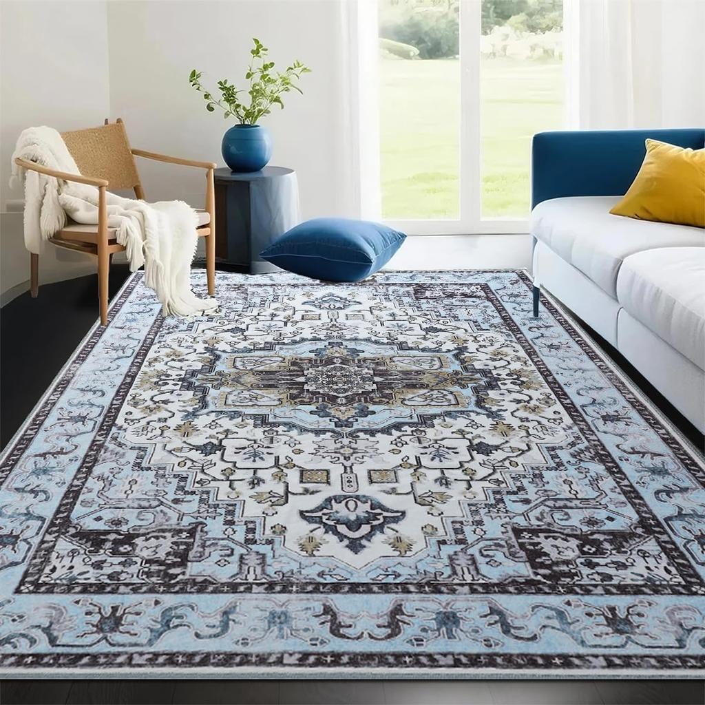 Washable Vintage Area Rugs  Low Pile Carpet, Non-Slip Distressed Rug for Bedroomn Living Room, Dining Room, Non-Slip, Low Pi