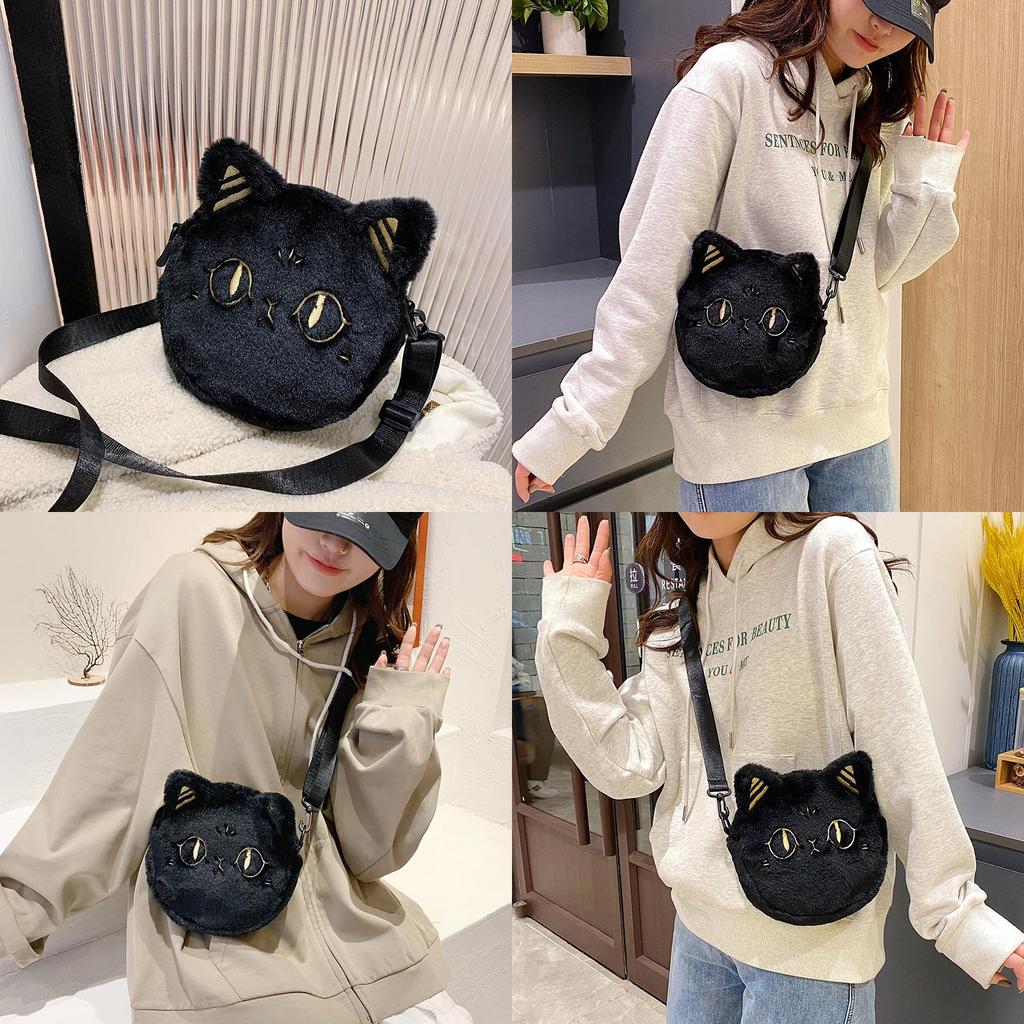Plush Cat Bag Small Round Tote Purse With Zipper Closure For Casual Daily Use